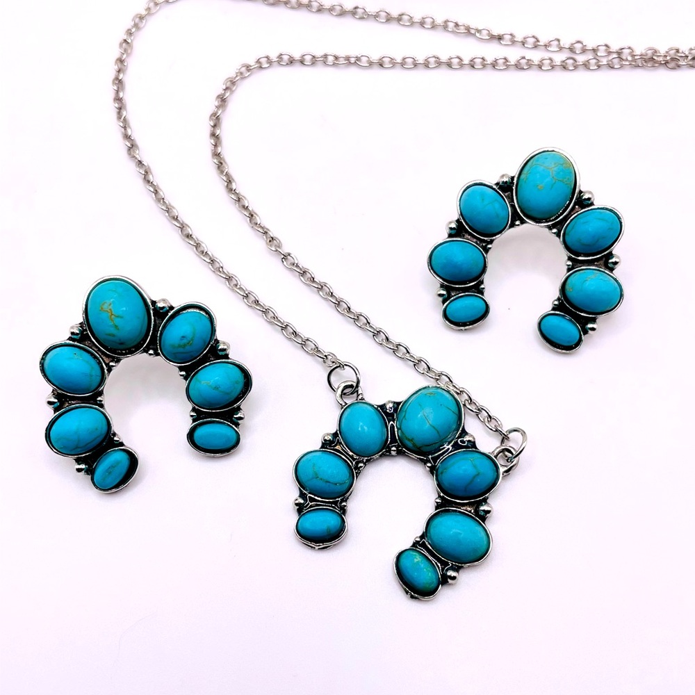 Turquoise Squash Blossom Earrings and Necklace Set